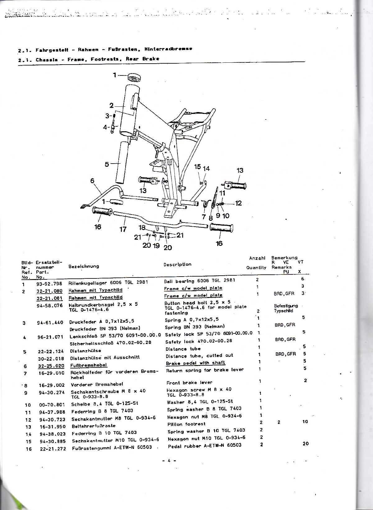 Katalog MZ 150 ETZ, MZ 125 ETZ - 2-1. Fahrgestell - Ratmeen - FuBrasten, Hinterradbresese 2.1. Chassis - Frame, Footrests. Rear Brake 