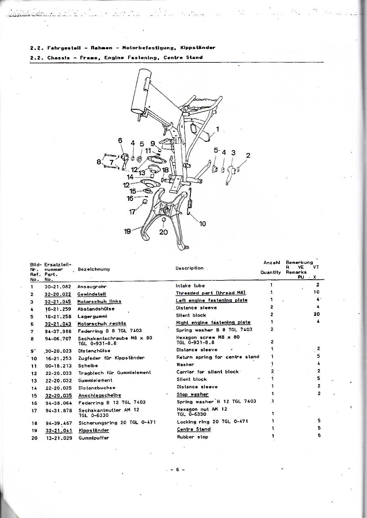 Katalog MZ 150 ETZ, MZ 125 ETZ - 2.2. Fahrgestell - Rahmen - Motorbefestigung, Kippständer
