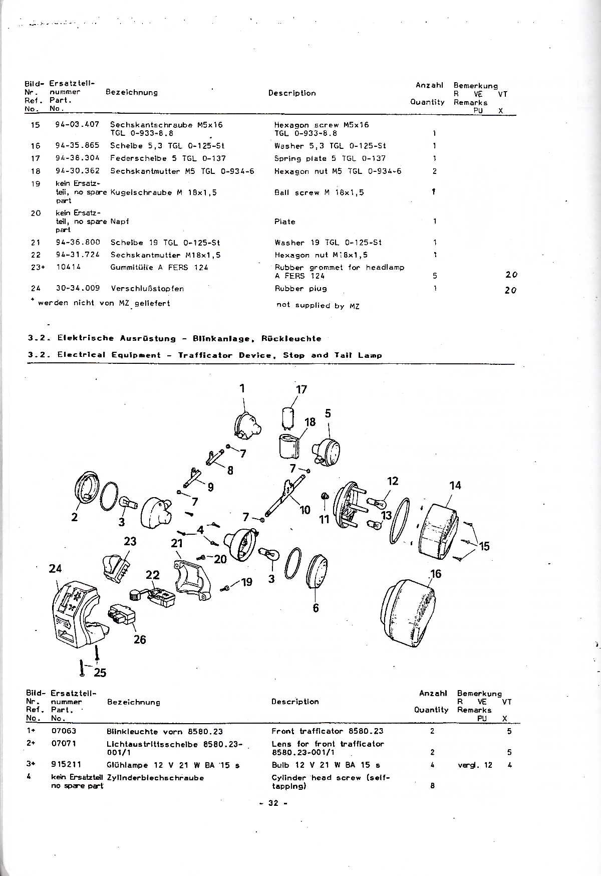 Katalog MZ 150 ETZ, MZ 125 ETZ - 3.2. Elektrische Ausrüstung - Blinkanlage, Rückleuchte