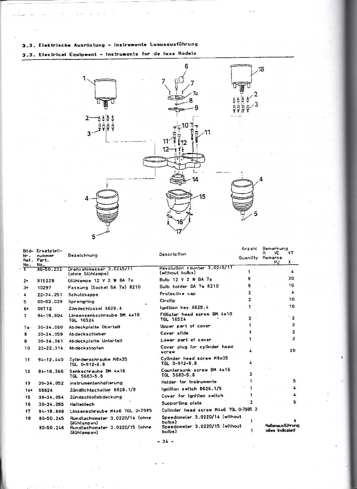 Katalog MZ 150 ETZ, MZ 125 ETZ - 3.3. Electrlcal Equlpment - Instruments for de luxe Models