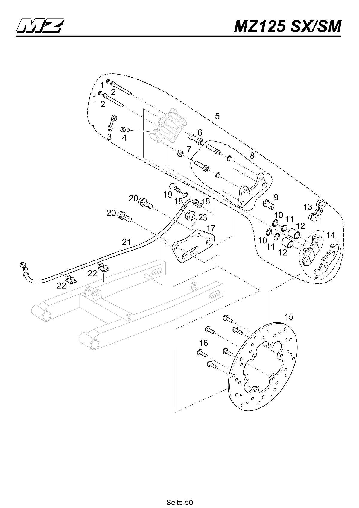 Katalog MZ 125 SX/SM - Bremssattel- & Scheibe hinten / rear brake caliper- & disc - 45