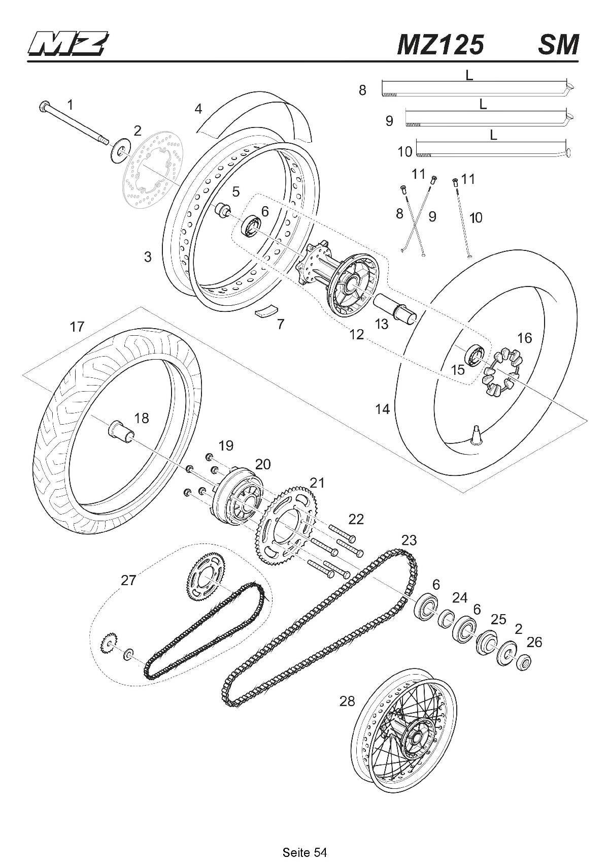 Katalog MZ 125 SX/SM - Hinterrad, Kette SM / rear wheel, chain SM - 49