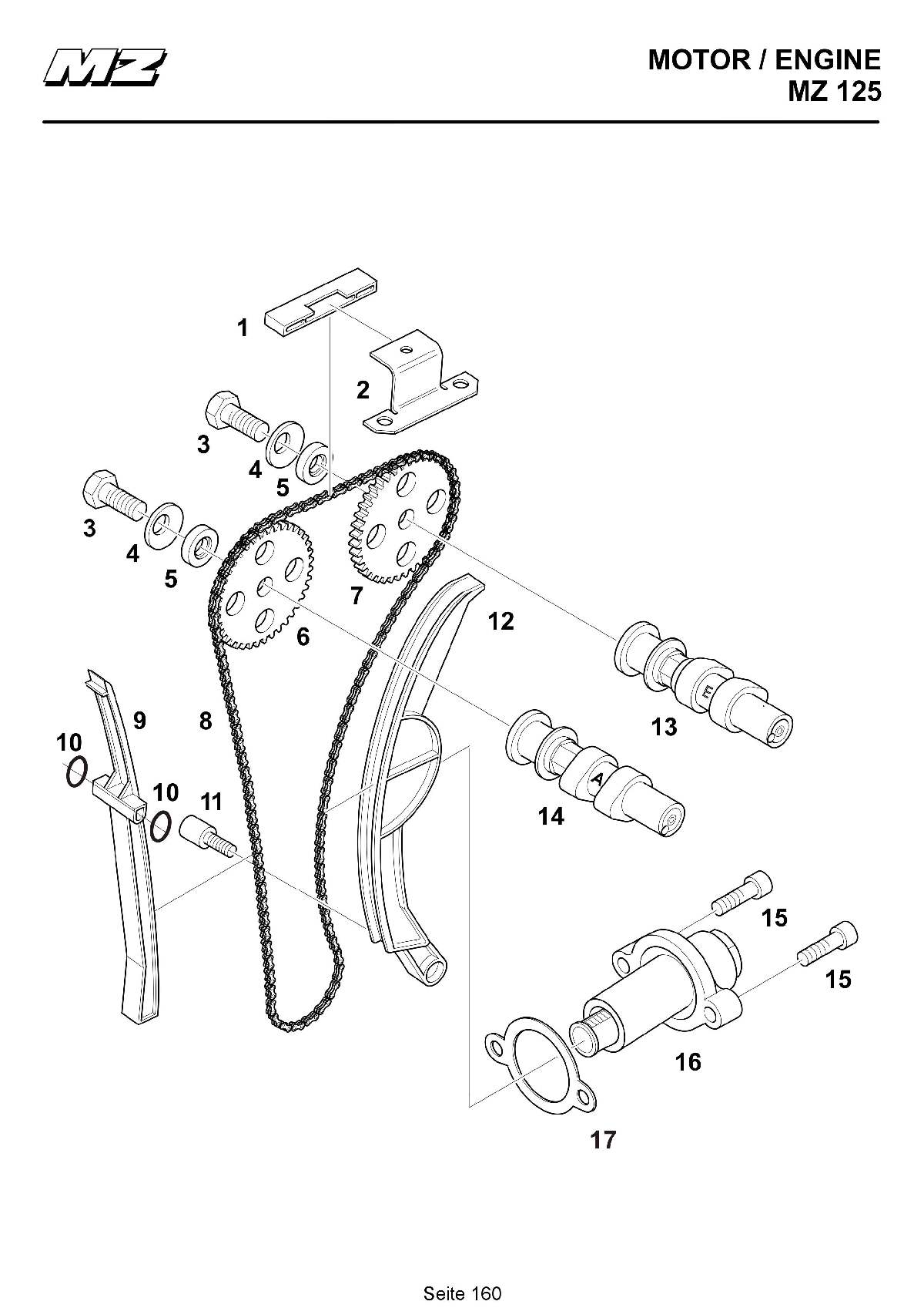 Katalog MZ 125 SX/SM - Ventiltrieb, Nockenwellen / valve-train assembly, camshafts - 154