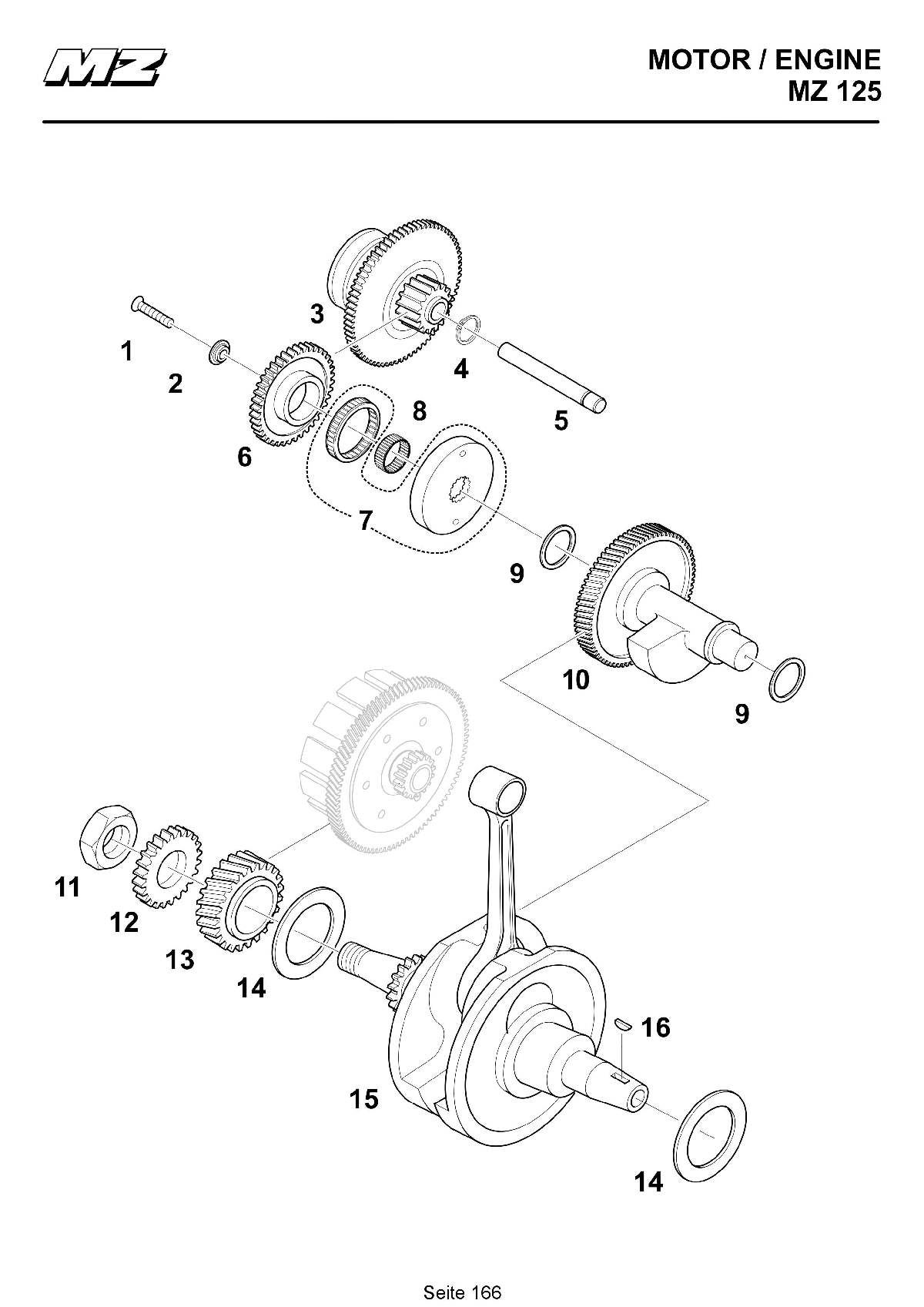 Katalog MZ 125 SX/SM - Kurbelwelle, Ausgleichswelle, Freilauf /crankshaft, balancer, free wheel - 160