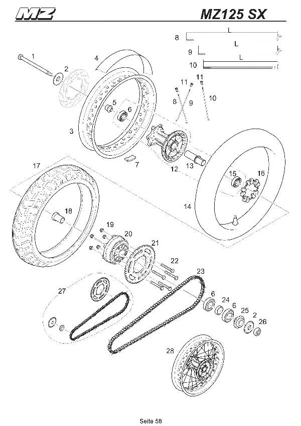 Katalog MZ 125 SX/SM - Hinterrad, Kette SX / rear wheel, chain SX - 53