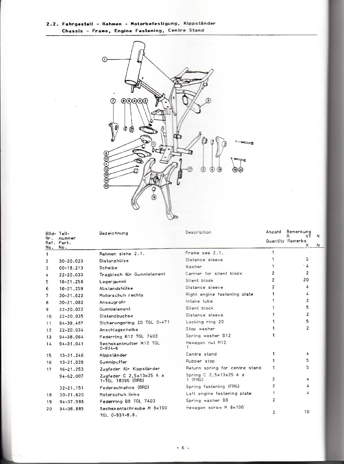 Katalog MZ 251 ETZ - 2.2. Fahrgestell - Rahmen - Motorbefestigung, Kippständer