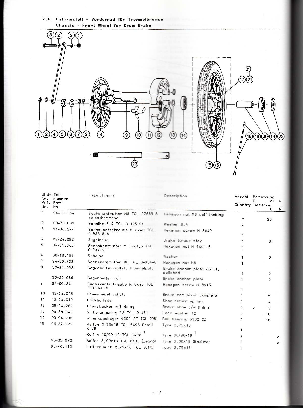 Katalog MZ 251 ETZ - 2.6. Fahrgestell - Vorderrad für Trommelbremse