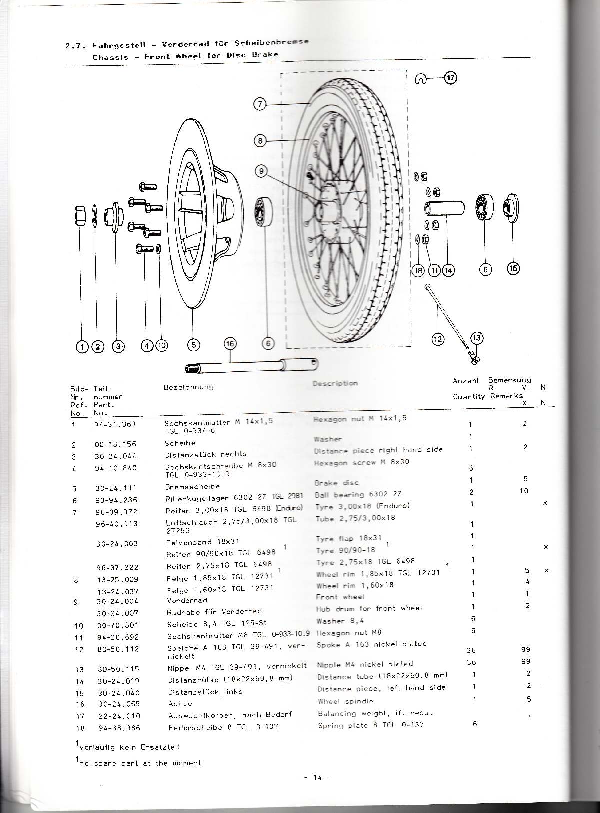 Katalog MZ 251 ETZ - 2.7. Fahrgestell - Vorderrad für Scheibenbremse