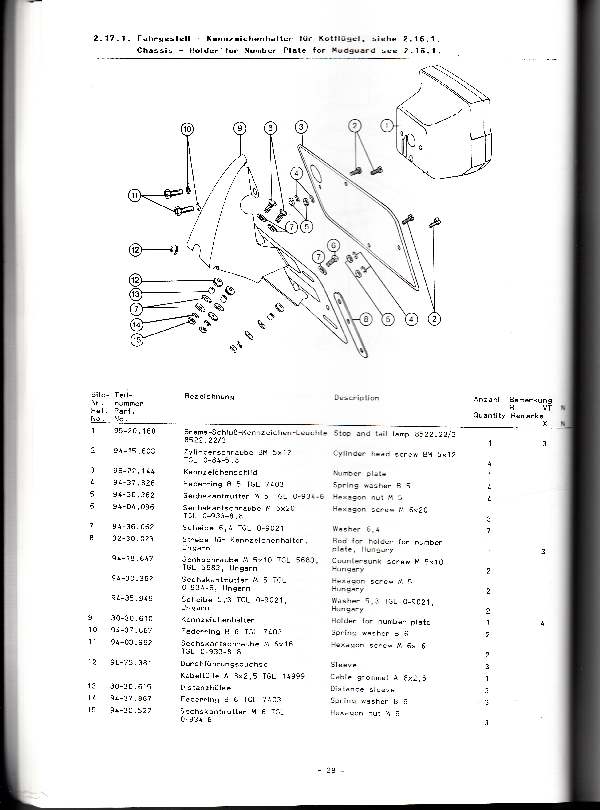 Katalog MZ 251 ETZ - 2.17.1. Fahrgestell - Kennzeichenhalter für Kotflügel,